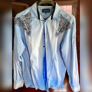 Roar Aqua Signature Distressed Look Embroidered Button Up Shirt Blue 3XL